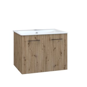 Mobile bagno con finitura legno e due ante.