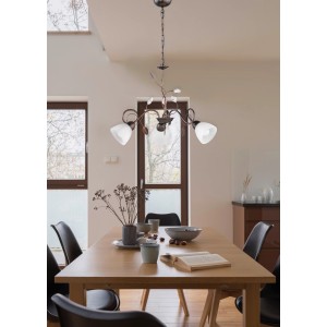 Lampadario Trio Krone Traditio color ruggine anticato con tre luci e vetro color alabastro.