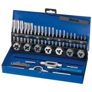 Set filiera e maschi LUX, 32 pezzi in custodia d'acciaio blu. Include maschi e filiere da M3 a M12.