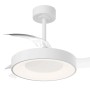 Plafoniera LED t.b.t. bianca con pale del rotore trasparenti.