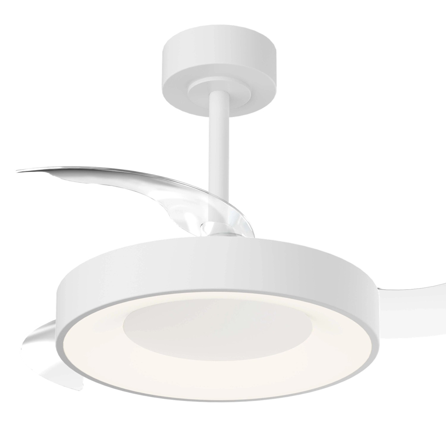 Plafoniera LED t.b.t. bianca con pale del rotore trasparenti.