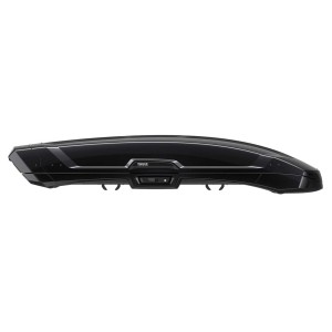 Box da tetto Thule nera per portapacchi auto, accessorio per il trasporto.