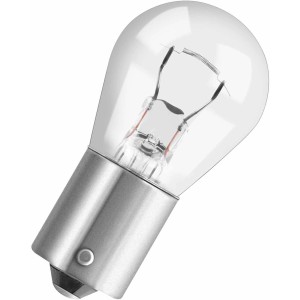 Lampadina t.b.t. trasparente per impianto elettrico auto con base in metallo.