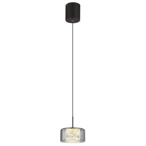 Moderna lampada a sospensione t.b.t. con paralume grigio ed elementi decorativi in cristallo.