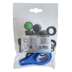 Kit t.b.t. per idraulica con guarnizioni, aeratori e strumento di montaggio.