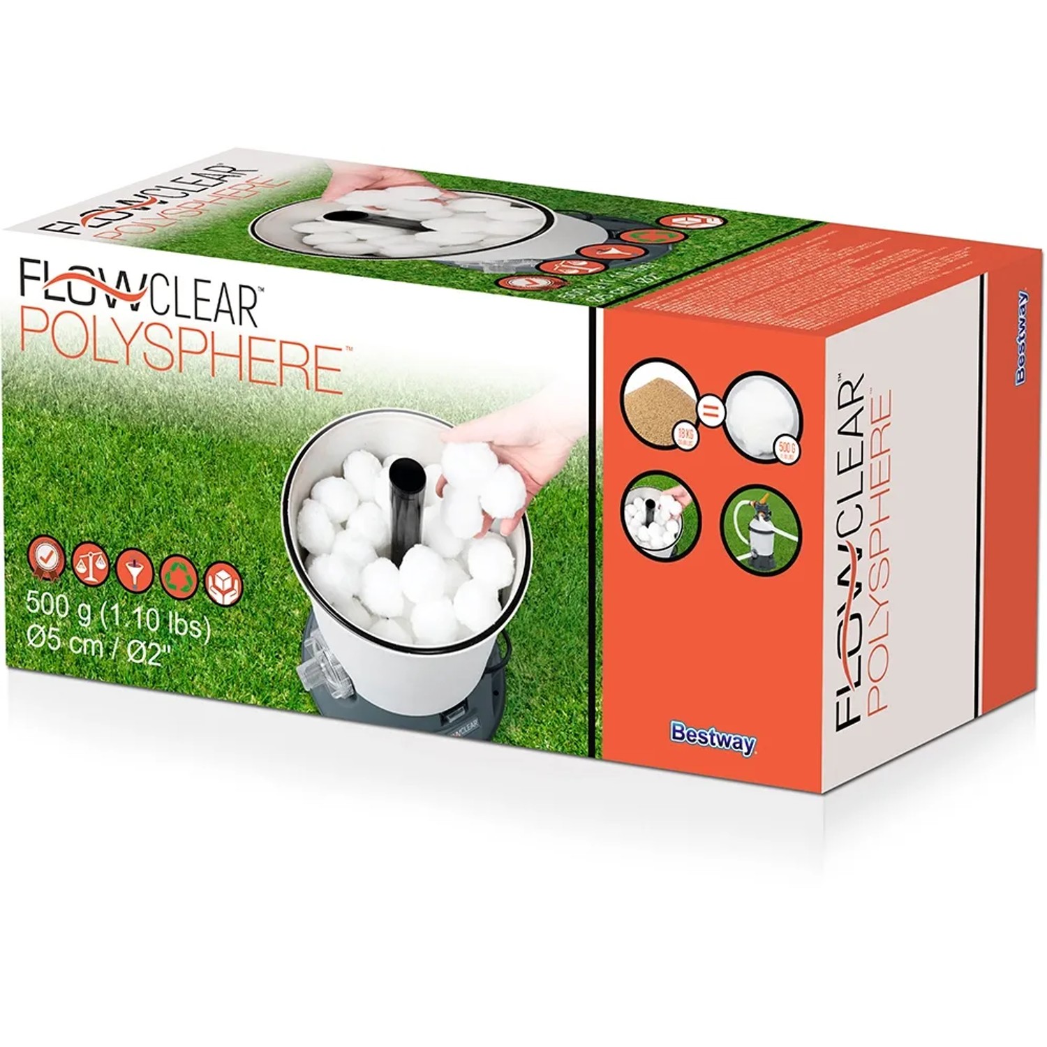 Confezione di Flowclear Polysphere sfere filtranti 500g per filtro a sabbia per piscina.