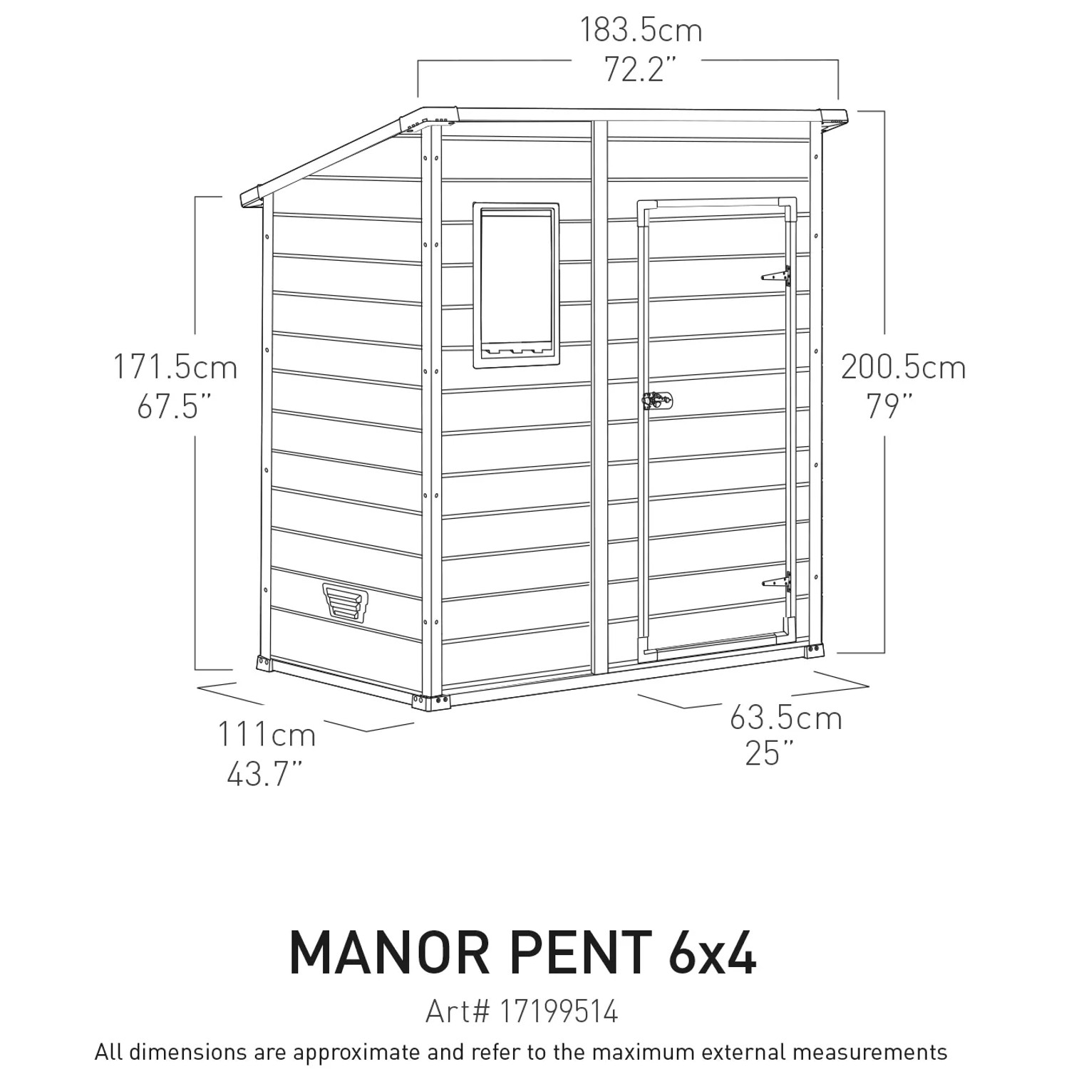 Schizzo di casetta da giardino in plastica Keter antracite 1,8 m² con dimensioni.