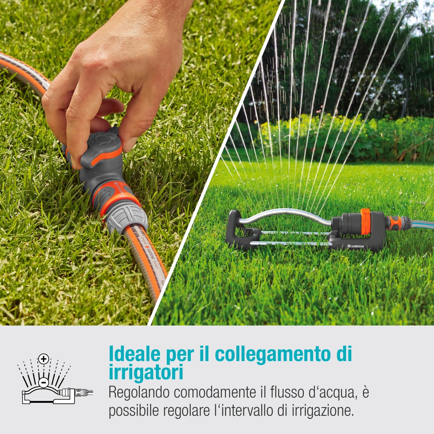 Giunto Gardena con valvola di regolazione per un controllo flessibile dell'acqua su tubo da giardino e irrigatore.