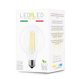 Lampadina LED E27 nella confezione. Vetro trasparente, luce bianca calda, 12W, 1200lm, 2700K.