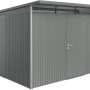 Casetta da giardino in metallo grigio con due porte. Ideale per riporre gli attrezzi da giardino.