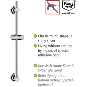 Asta doccia cromata Wenko, montaggio senza trapano, con supporto doccia regolabile.