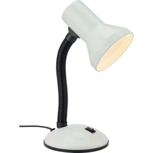 Lampada da scrivania bianca con collo flessibile e interruttore sulla base.
