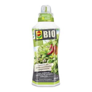 COMPO BIO fertilizzante liquido per piante aromatiche e peperoncino, flacone da 500ml.