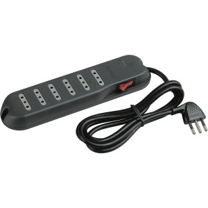 Multipresa nera t.b.t. con sei prese e interruttore rosso.