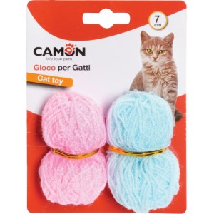 Gioco per gatti: Due gomitoli di lana rosa e azzurro, uniti da un nastro dorato.