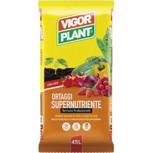 Sacco di terriccio per orto Vigor Plant (45L) con illustrazione di verdure.