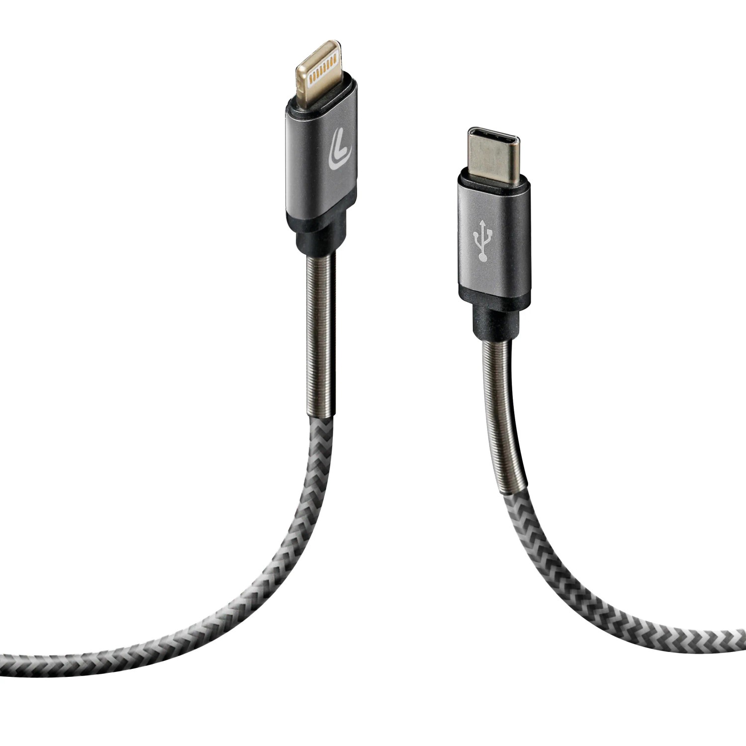 Cavo di ricarica t.b.t. con connettore Lightning e USB-C per interni auto.