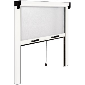 Zanzariera a rullo estensibile bianca per finestre.