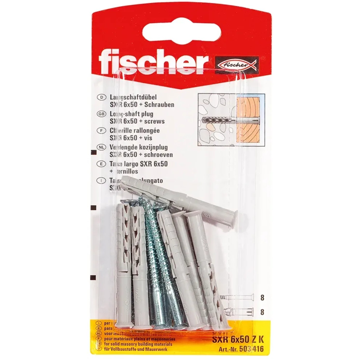 Fischer tassello a gambo lungo SXR 6x50, 8 pezzi, per materiali da costruzione pieni e forati.