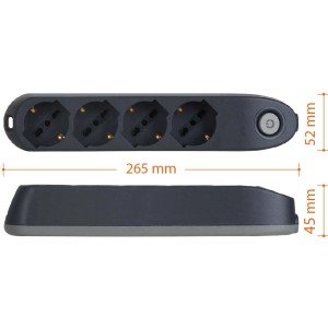Multipresa t.b.t. con 4 prese e interruttore, dimensioni: 265x52x45mm.