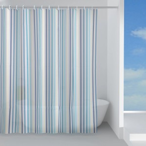Tenda doccia t.b.t. a righe nei toni del blu e del beige.