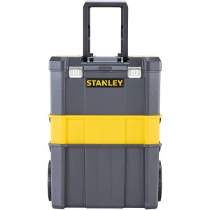 Stanley Rollende Werkstatt Essential, carrello portautensili grigio con elemento giallo e manico telescopico.
