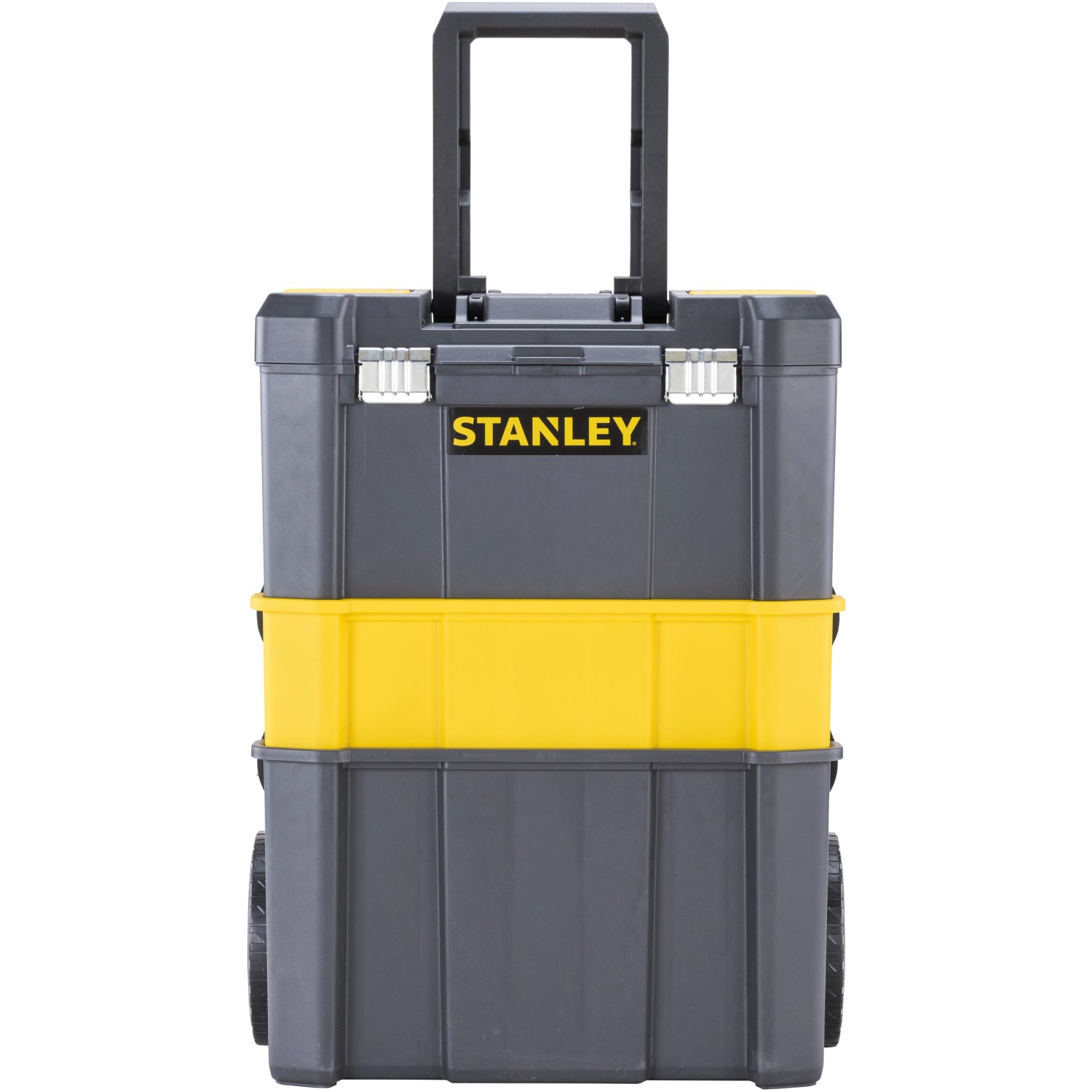 Stanley Rollende Werkstatt Essential, carrello portautensili grigio con elemento giallo e manico telescopico.