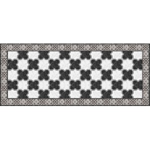 Tappeto da cucina decorativo con motivo a piastrelle bianche e nere e bordo.