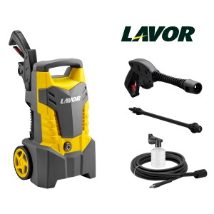 Idropulitrice giallo-grigia con accessori come pistola, lancia e contenitore per detergenti.