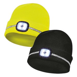 Berretto da lavoro giallo e nero con luce LED e striscia riflettente.