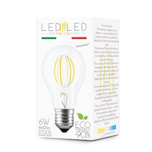 Lampadina LED E27, 6W, luce calda, dimmerabile. Lampada LED a risparmio energetico per interni.
