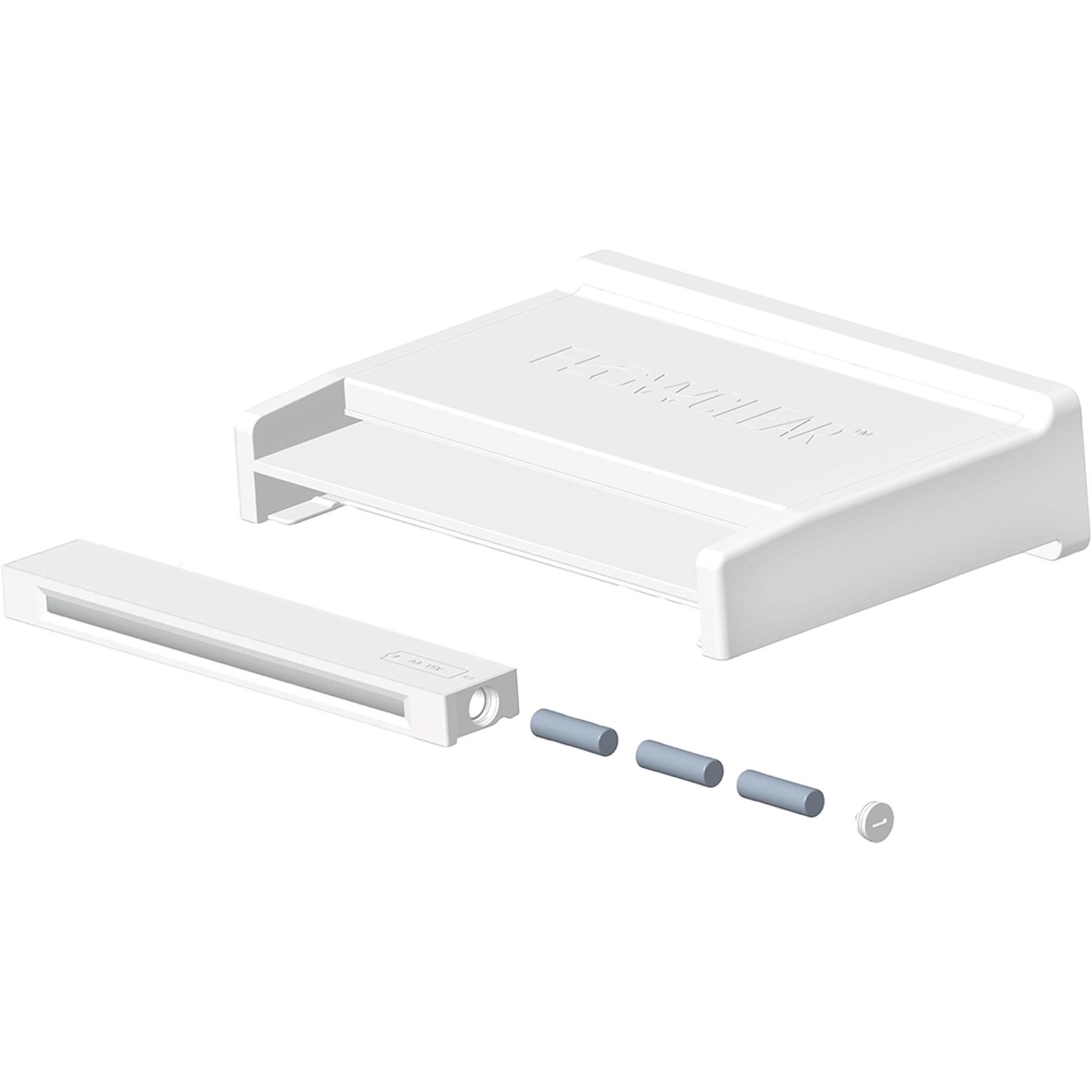 Cascata per piscina Flowclear™ con luce LED, struttura in plastica bianca con accessori.