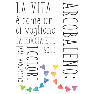 Adesivo murale con citazione italiana e cuori colorati decorativi.