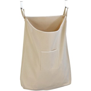 Cesto portabiancheria da porta beige Wenko Canguro con ganci in acciaio inox e tasca frontale.