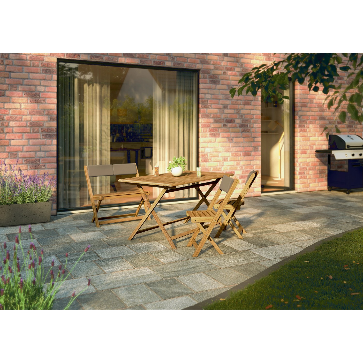 Set tavolo da giardino in legno con panca e sedie su patio.