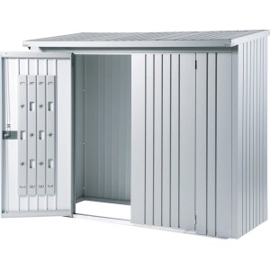 Casetta da giardino WoodStock 230 argentata aperta con pacchetto porta e sistema di stoccaggio all'interno.