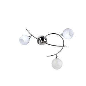 Plafoniera moderna con tre lampade a sfera bianche e struttura cromata.