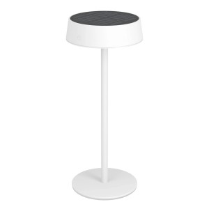 Lampada da tavolo solare a LED EGLO SIMERI bianca con dimmer touch e pannello solare, adatta per uso esterno.