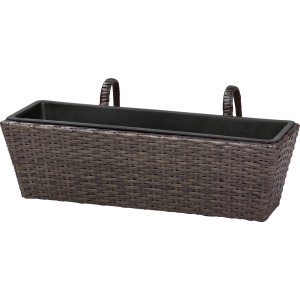 Fioriera da balcone in rattan marrone con inserto in plastica nera e gancio.