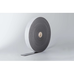 Rotolo di nastro sigillante per profili in cartongesso, grigio con carta di supporto bianca.