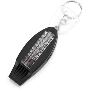 Termometro nero con portachiavi. Visualizzazione della temperatura in Celsius e Fahrenheit.