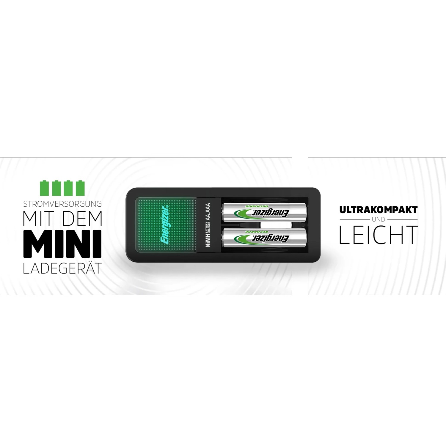 Mini caricabatterie Energizer per batterie AA/AAA con 2 batterie incluse.