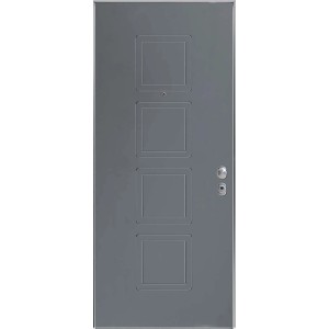 Porta blindata grigia con quattro pannelli quadrati e spioncino.