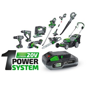 LUX 1 PowerSystem: Set batteria con tosaerba, batteria, caricabatterie e altri attrezzi da giardino.