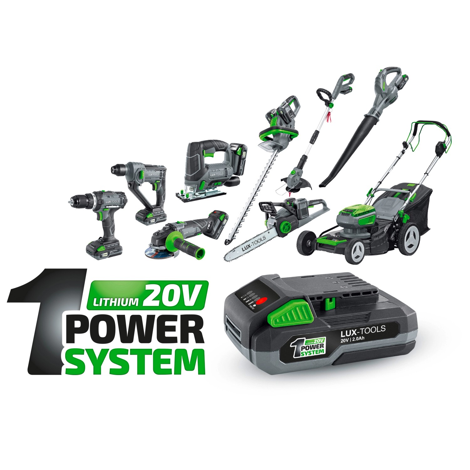 LUX 1 PowerSystem: Set batteria con tosaerba, batteria, caricabatterie e altri attrezzi da giardino.