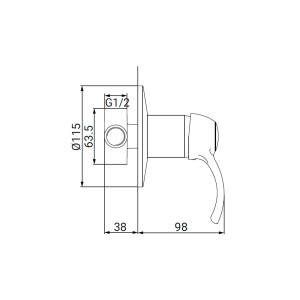 Disegno tecnico di un rubinetto doccia t.b.t. con dimensioni.