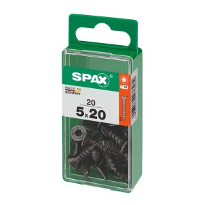 Viti universali Spax 5x20 mm, zincate, nere, 20 pezzi in contenitore di plastica verde.