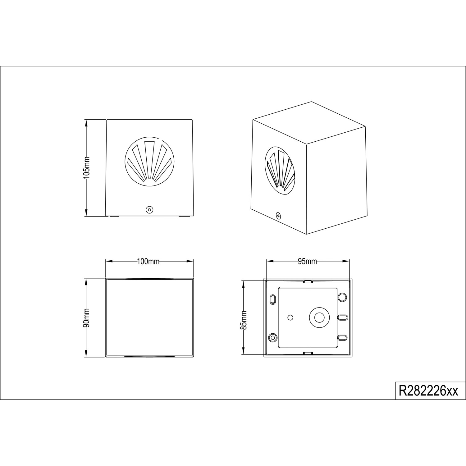 Disegno tecnico della lampada da parete per esterni a LED Trio Cordoba, lampada bianca con dimensioni e dettagli.