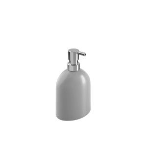 Dispenser sapone grigio con pompa cromata per bagno e cucina.