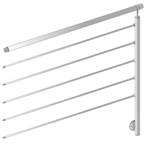 Supporto per ringhiera argentato con cinque barre per scale e ringhiere.